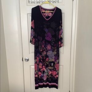 Johnny Was Black and Purple Sheath Maxi Dress V-Neck